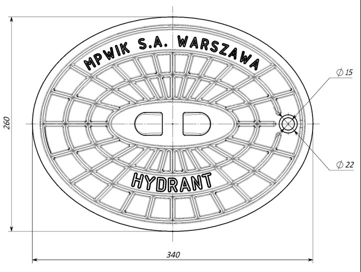 Výkres víka litinového hydrantového poklopa D400 DN80. Horní pohled